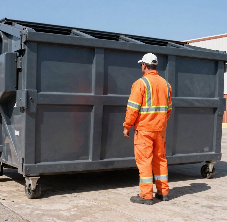 A professional driver in high-visibility orange safety gear standing next to a clean roll-off dumpster, bright direct Texas sunlight, sharp focus