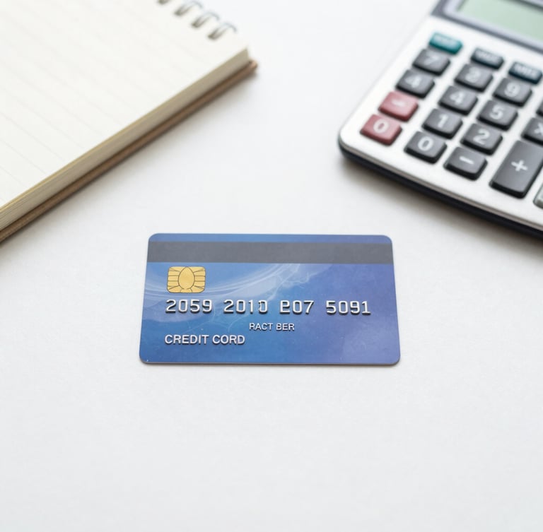 Straight-on flat lay of a clean workspace with a physical credit card, a metal calculator, and a neat notebook under bright natural daylight.