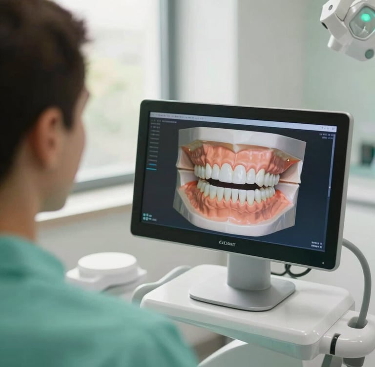 Close-up of a modern dental professional showing a digital 3D jaw model on a screen to a patient, soft natural window light, warm green accents