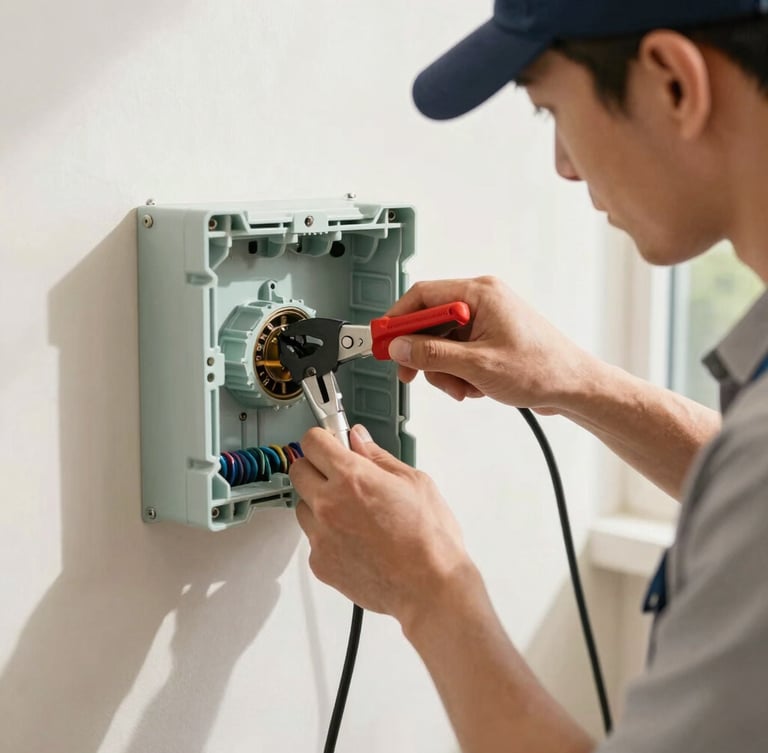 A professional electrician in a clean uniform wiring a modern junction box under bright natural daylight, close-up on hands and tools, 35mm