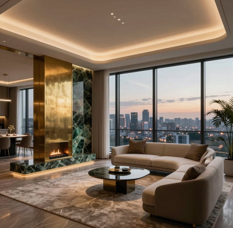 Wide-angle architectural render of a luxury furnished studio apartment, warm low-contrast twilight lighting, brushed brass accents, emerald stone details, bespoke modern furniture, panoramic window overlooking city lights.