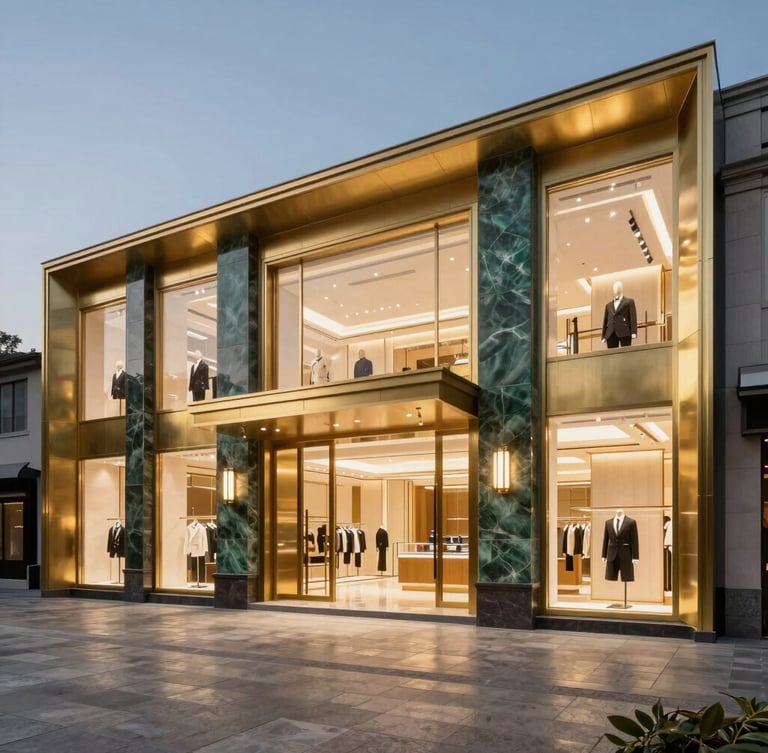 Wide-angle architectural render of a double-height luxury retail facade at twilight, gold-accented brass frames, emerald stone columns, warm interior light spilling onto a polished granite plaza.