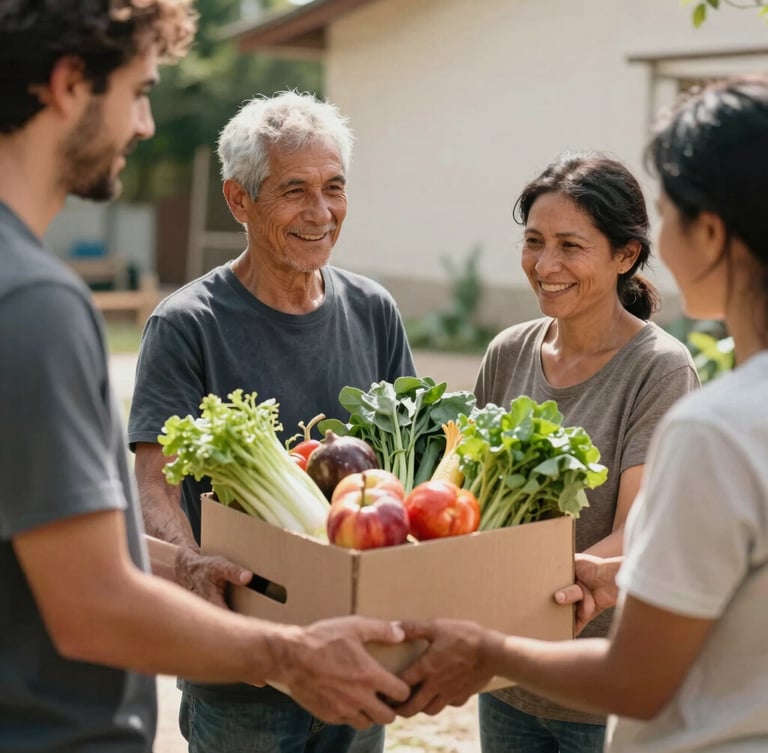 Candid documentary-style portrait, warm natural daylight. Hands of volunteers handing a box of fresh produce to a family, focusing on the genuine human connection and natural textures, clean composition, portrait aspect.
