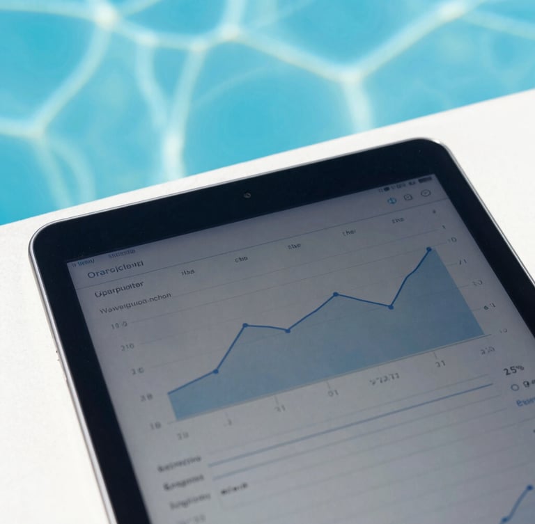 Close-up of a digital tablet screen showing water quality charts, with a pristine pool surface reflecting bright Florida sunlight in the background.