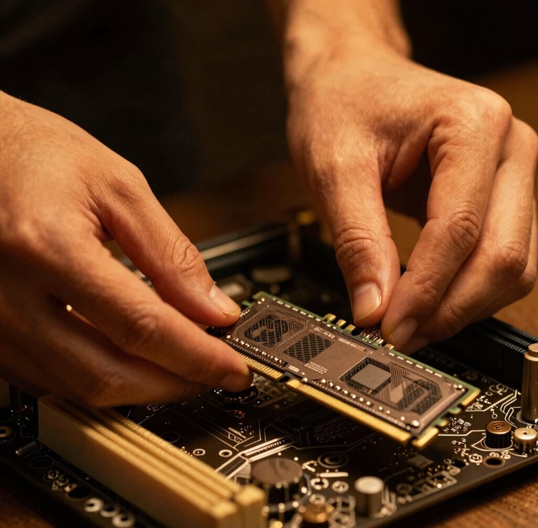 Close-up of hands carefully inserting a RAM stick into a high-end motherboard, warm cinematic amber lighting, dark background, shallow depth of field