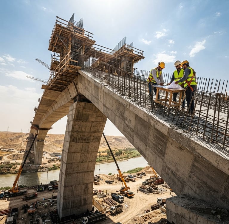 Low-angle dramatic wide shot of a massive concrete bridge span under construction in Iraq, steel rebar exposed, engineers in high-vis vests reviewing plans, harsh midday sun casting strong shadows.