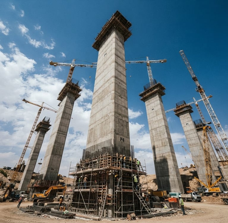 Low-angle heroic shot of massive concrete bridge pillars under construction in Iraq, harsh midday sunlight, steel blue sky, heavy cranes in background