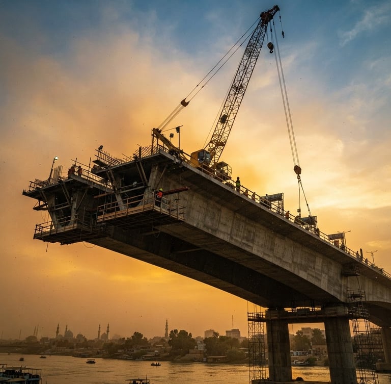 Low-angle shot of a massive concrete bridge span under construction in Baghdad, crane boom silhouetted against dramatic golden hour sky, dusty air
