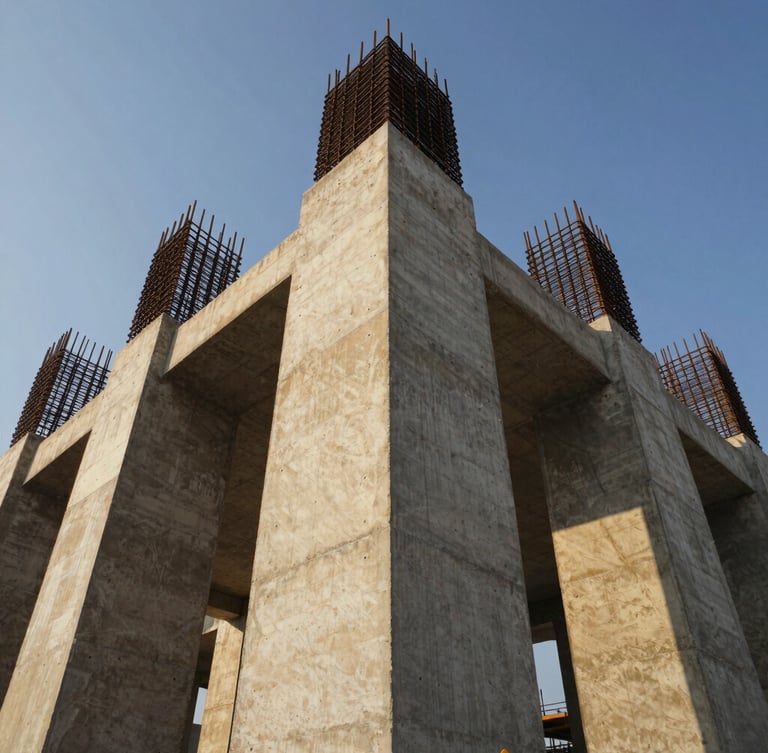 Low-angle dramatic shot of a massive concrete foundation pillar under construction, steel rebar grid exposed at the top, dusty gold light, wide-angle lens