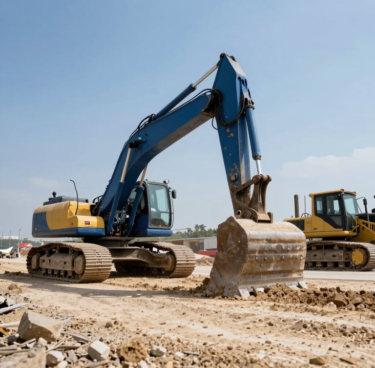 Low-angle heroic shot of active heavy excavators and bulldozers moving earth on a dusty highway construction site, harsh midday sun, steel blue tones