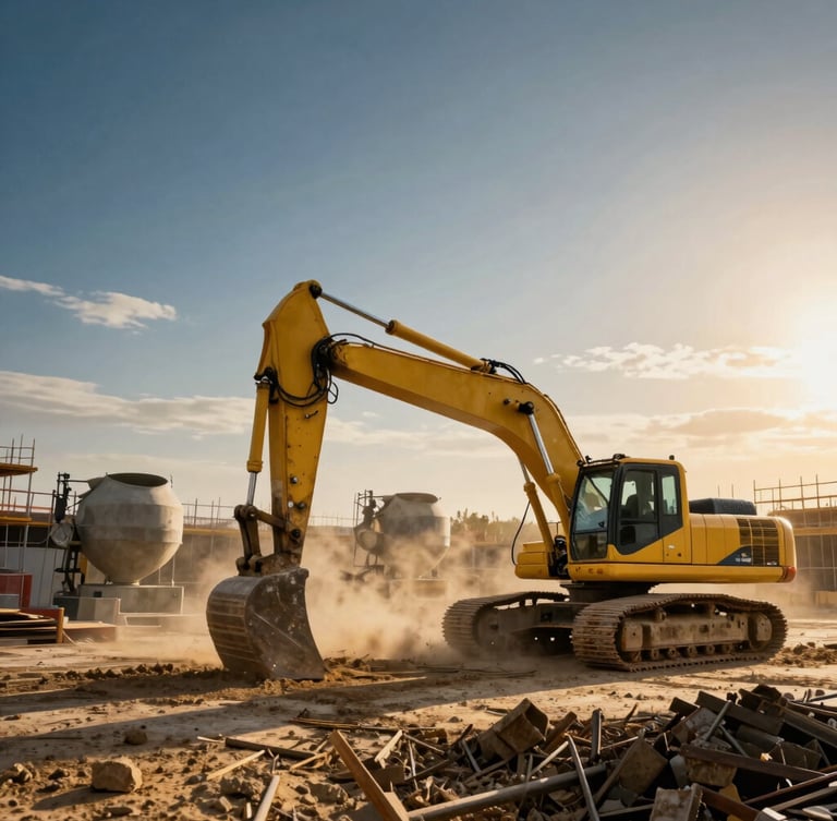 Active construction site with heavy yellow excavators and concrete mixers operating under dramatic golden hour light, dust clouds, industrial scale