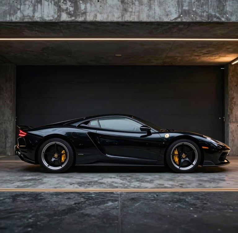 Dramatic side profile of a classic luxury sports car silhouette in a dark Brasília garage, concrete architecture lines, soft gold light edge
