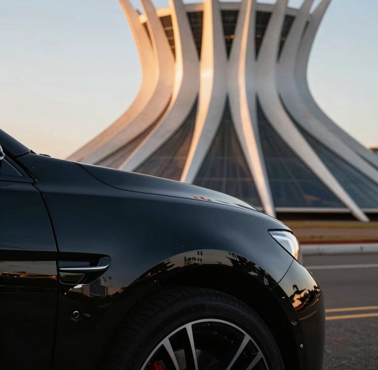 Cinematic close-up of a polished black luxury sports car fender reflecting the iconic concrete curves of Brasília's Cathedral at golden hour, sharp metallic reflections, deep shadows.