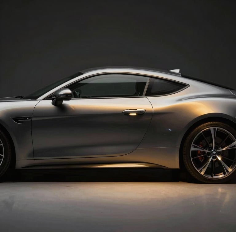 Cinematic side profile of a modern luxury coupe, dramatic studio lighting with golden highlights reflecting on polished graphite paint, dark atmospheric background.