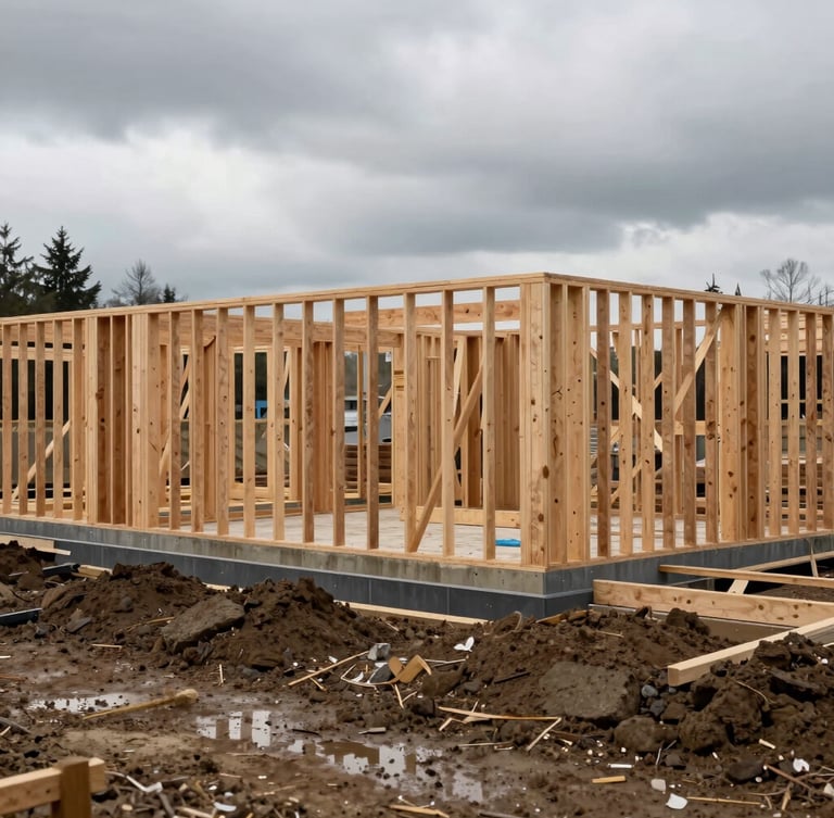 Wide environmental shot of an active residential construction site in Washington State under overcast skies, raw wood framing visible, damp earth in the foreground.