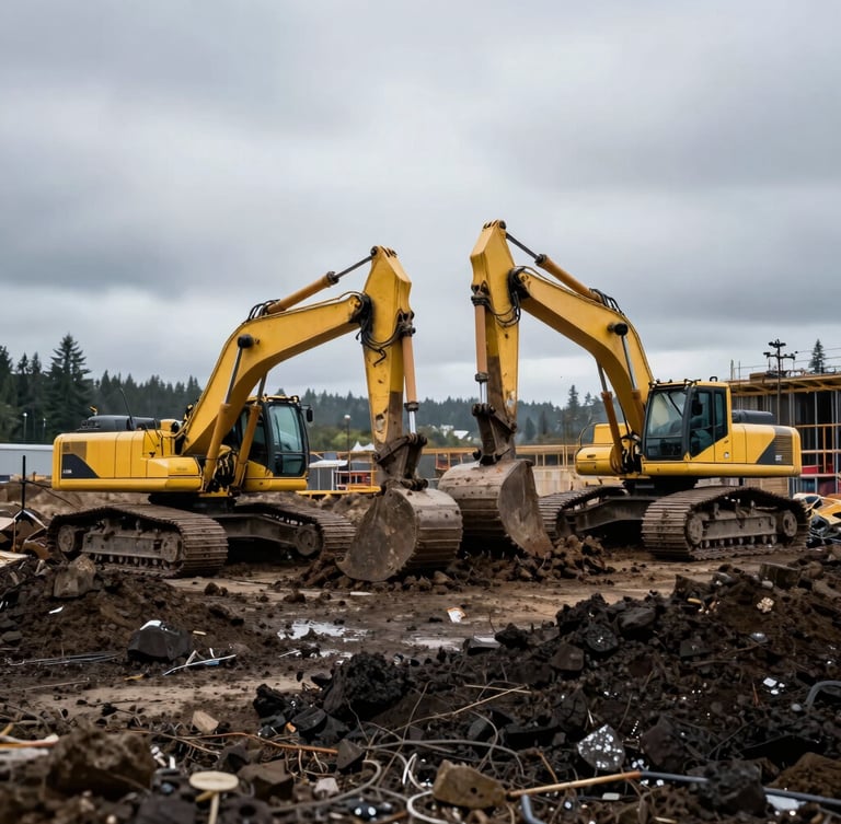 Wide environmental shot of an active Pacific Northwest construction site under an overcast sky, heavy machinery clearing damp dark earth, high contrast, cool tones.