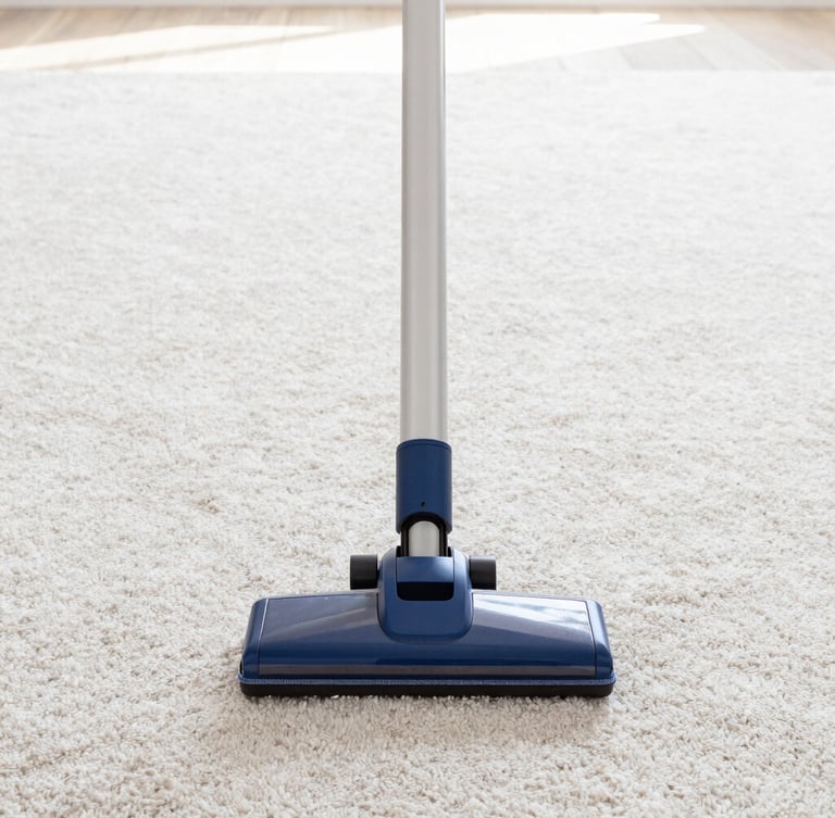 Straight-on medium shot of crisp, sharp vacuum lines in a freshly deep-cleaned wool carpet, bright natural daylight, 35mm