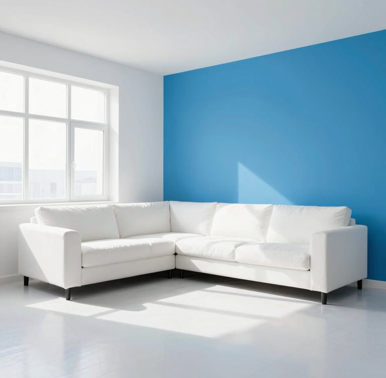 Bright clean living room with high-key natural daylight, crisp white and blue tones, sharp focus, 35mm