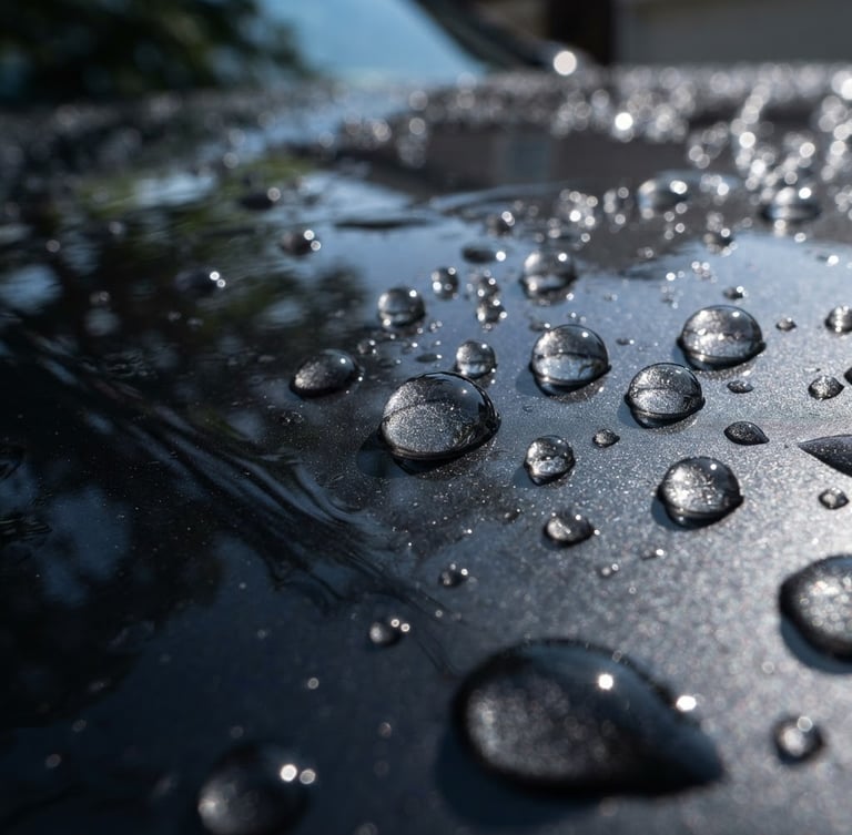 Macro close-up of water perfectly beading on a freshly applied ceramic coating, high-contrast outdoor daylight, rich glossy charcoal paint reflections.