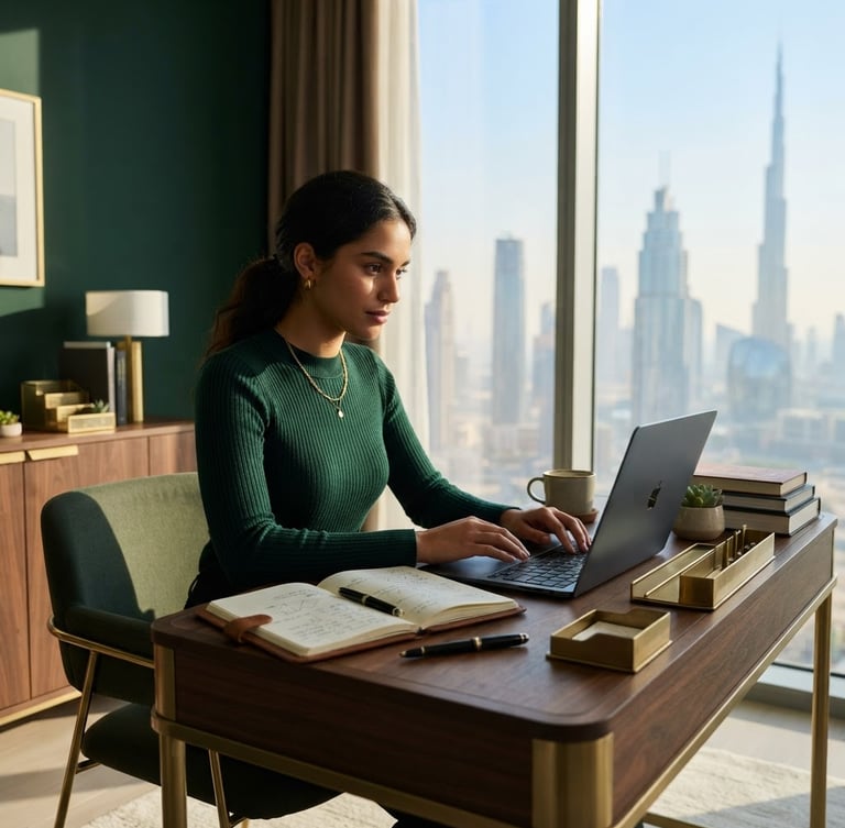 Focused student studying on a laptop in a bright, modern architecturally striking home office in Dubai, soft morning window light, premium stationery, shallow depth of field, 35mm lens
