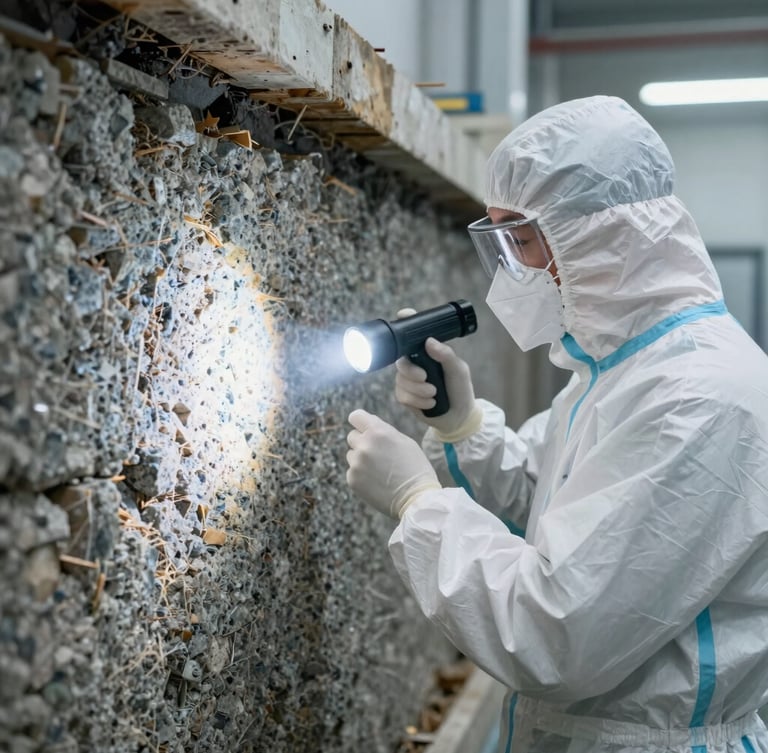 Technical operator in clean unmarked white protective gear inspecting a granite wall foundation with a professional flashlight, bright clinical lighting, high contrast.