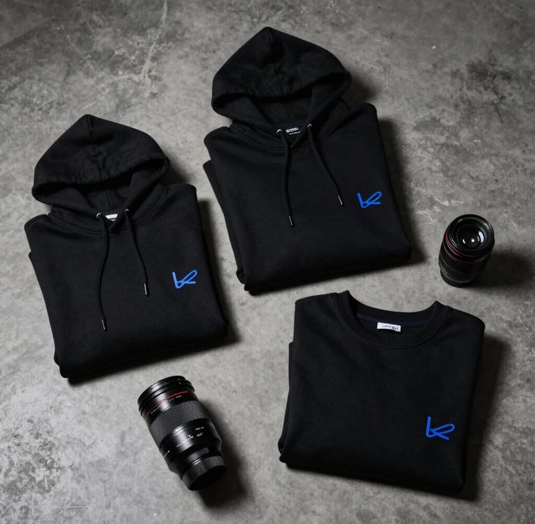 A clean flat-lay of custom corporate packages with folded heavyweight black hoodies, high-contrast studio lighting with deep shadows, electric blue accents, 35mm lens