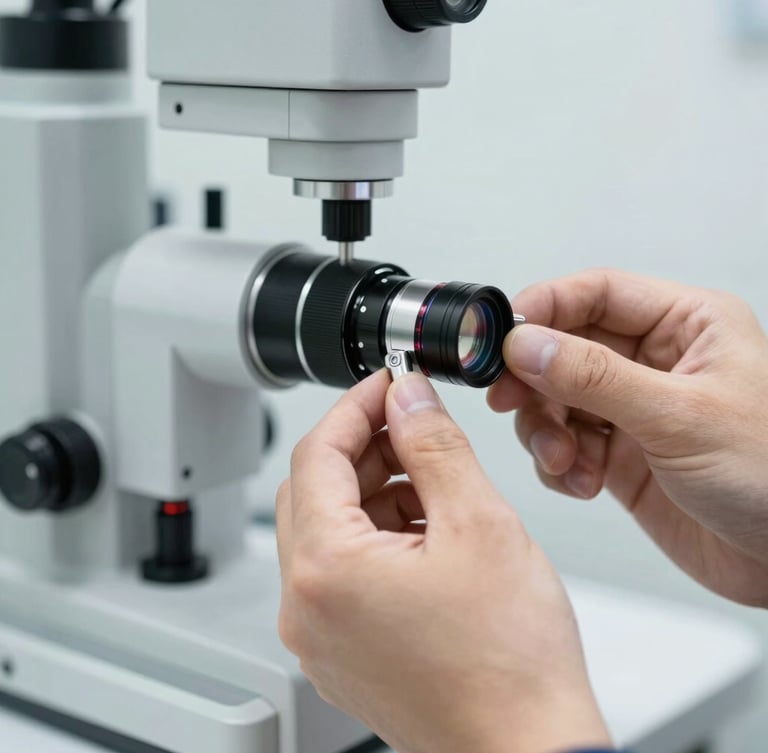 Close-up of a professional technician's hands calibrating a high-precision ophthalmology device lens in a sterile, bright clinical environment, sharp focus, technical tools visible