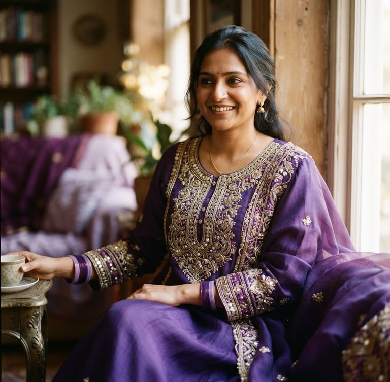 Portrait of a woman wearing a flowing royal purple Kurti with intricate embroidery, soft natural window light, rich purple and lavender undertones, shallow depth of field, 35mm film, garment bleeding to the right edge.