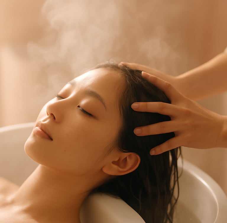 Steam rising softly from a Japanese head spa treatment, warm water trickling over dark hair, hands performing a gentle head massage, warm diffused light, serene atmosphere