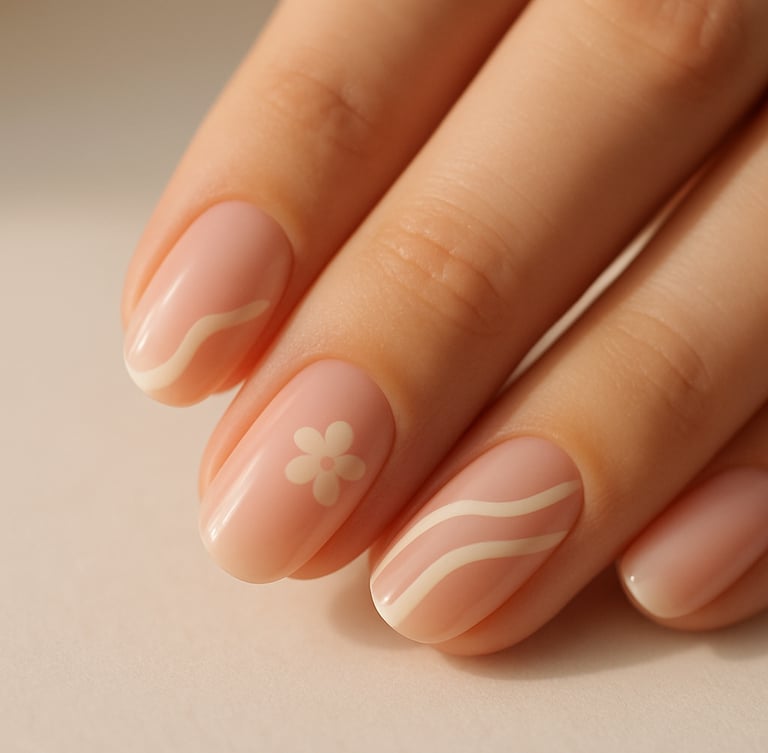 Macro shot of delicate nail art styling, soft pink and cream tones, gentle morning light, minimalist background, 35mm