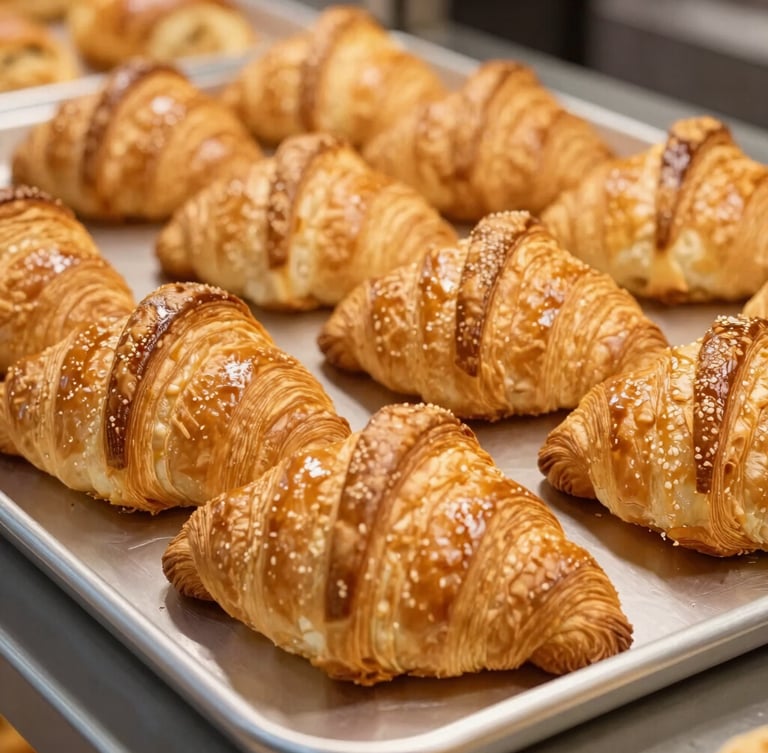 Close-up of perfectly golden, freshly baked croissants and savory pastries arranged in neat rows on a clean stainless steel industrial tray, warm golden studio lighting, sharp focus, appetizing high-detail macro, 50mm