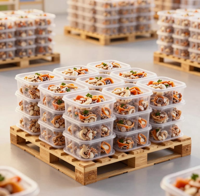 Organized pallets of frozen food boxes inside a clean, modern cold storage warehouse, industrial scale, sharp focus
