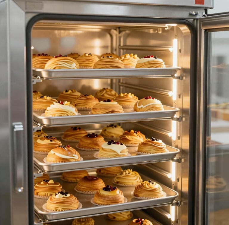 Modern industrial blast chiller inside a clean, hygienic food manufacturing plant, stainless steel shelves with organized trays of pastries