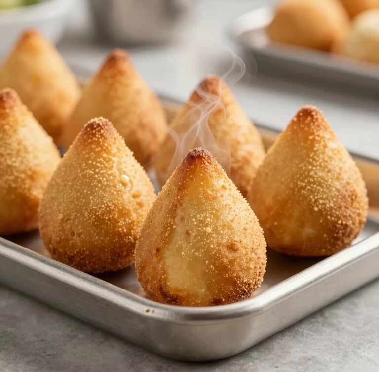 Macro shot of perfectly golden-brown baked Brazilian coxinha and pão de queijo on a clean stainless steel commercial tray, bright warm morning light, appetizing steam