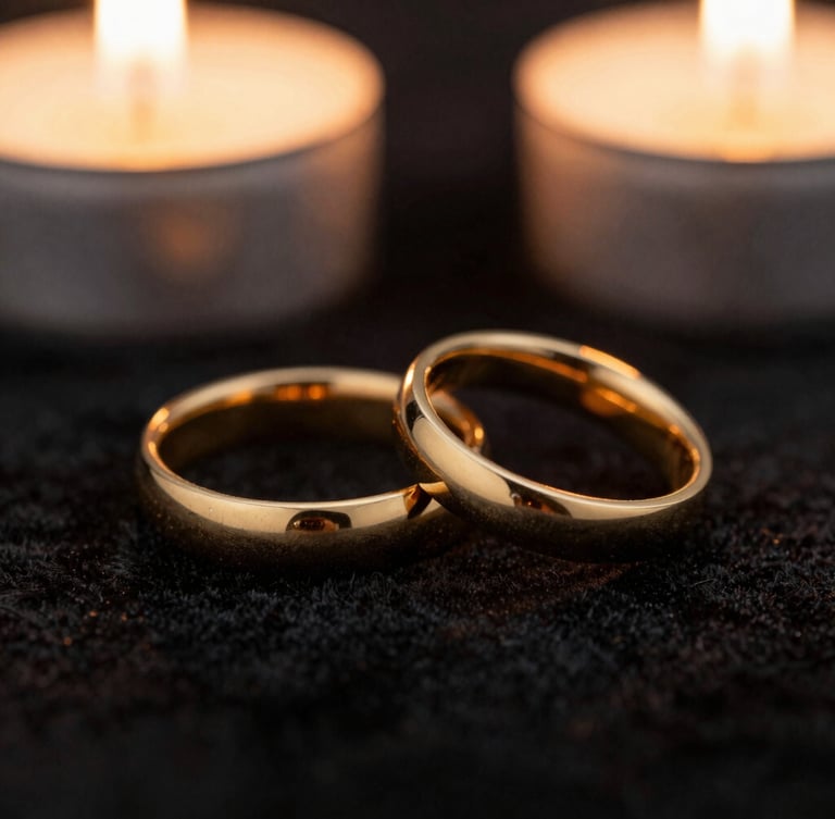 Cinematic close-up of gold wedding bands resting on a black velvet surface, warm romantic candlelight, soft focus.