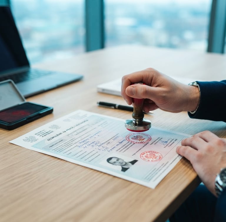 Close-up of official Polish work permit documents being stamped on a modern desk, natural bright daylight with cool blue tones, professional photography
