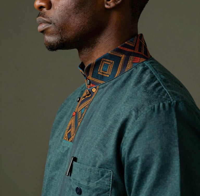 Vue de profil d'un médecin en blouse médicale haut de gamme avec des détails en tissu Faso Dan Fani sur le col, éclairage de studio contrasté mettant en valeur la texture du tissage.