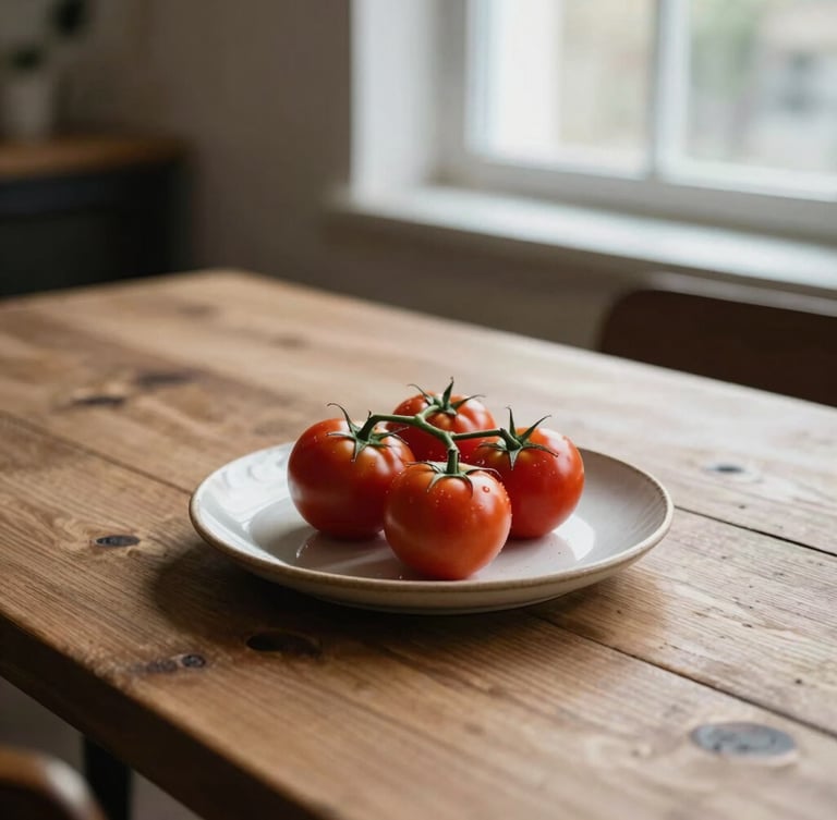 A portrait of a rustic wooden table in a Scandinavian-style restaurant, soft side-lighting from a window, a single ceramic plate with fresh organic tomatoes on the vine, elegant and minimalist composition.