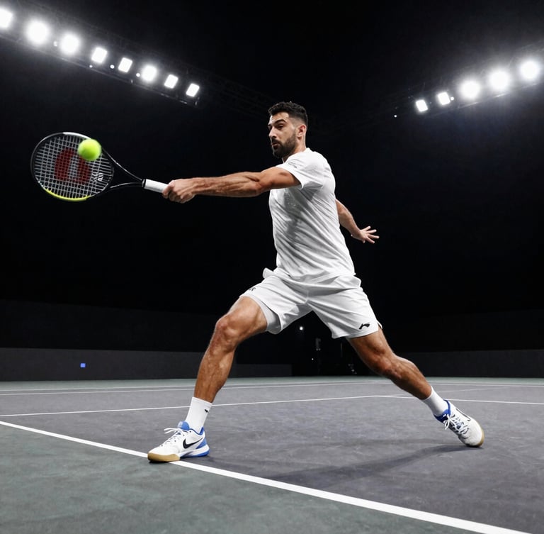 Low-angle action shot of Adil Boutahli striking a powerful backhand on a dark hard court under dramatic stadium floodlights, sharp motion freeze-frame, intense focus