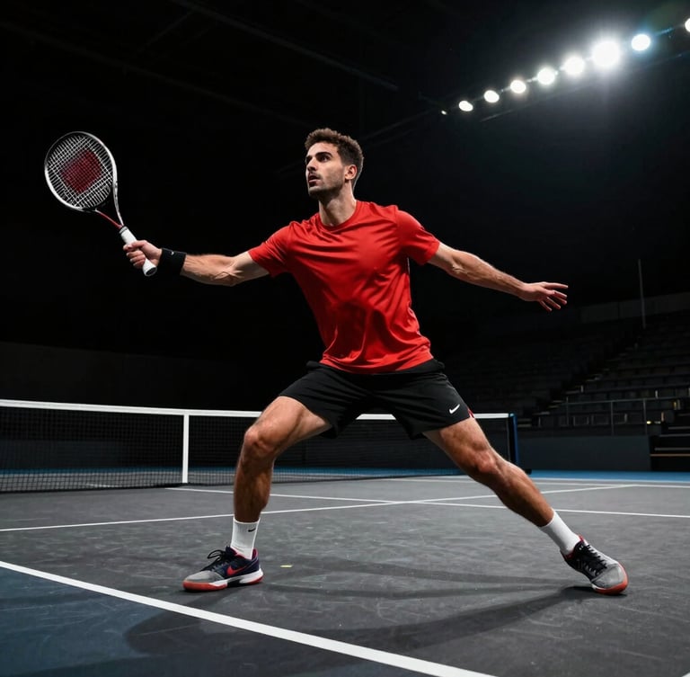 Low-angle dramatic action shot of Adil Boutahli on a dark hard court, racket swung back, intense focus, sharp stadium floodlights, high-contrast shadows.