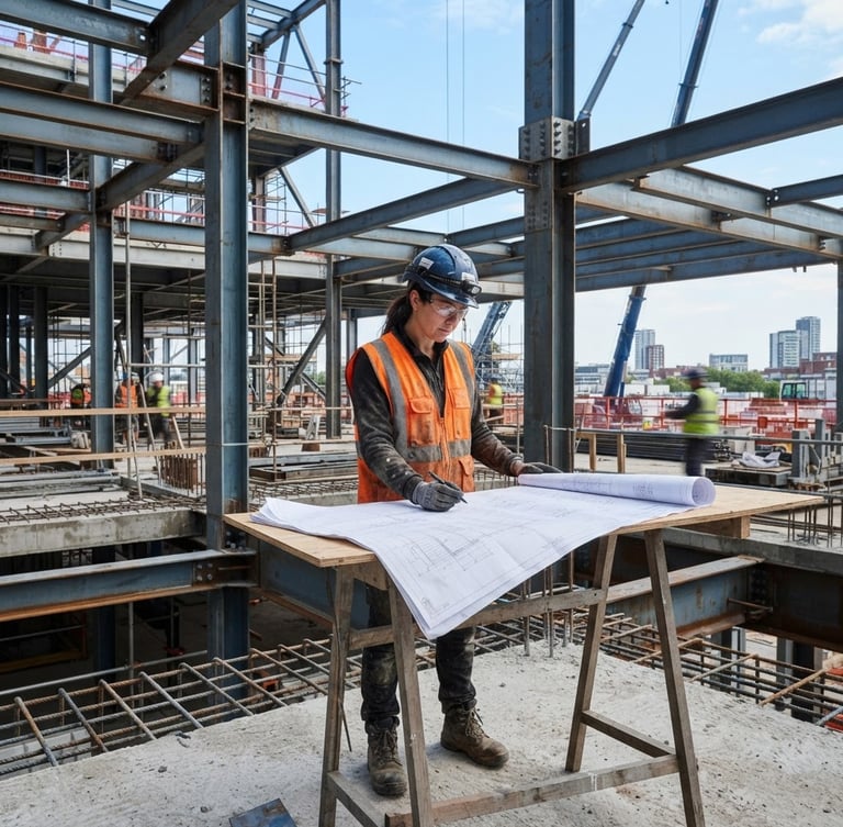 Industrial construction site with steel beams, professional engineer in safety vest and blue helmet inspecting blueprints, sharp daylight, steel blue tone