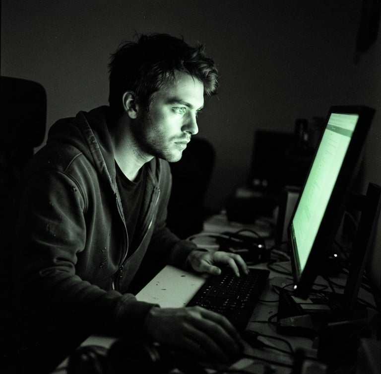 High-contrast grainy monochrome portrait of Jake in a dark room illuminated only by the harsh green glow of a monitor, raw 35mm film aesthetic, Dutch angle