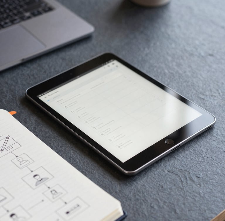 Overhead macro shot of a clean desk with a tablet displaying a wireframe interface, a notebook with pencil sketches of user flows, soft natural daylight, slate tones