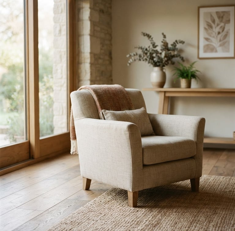 A quiet, empty treatment room with soft, diffused morning light streaming through a large window, a comfortable, textured armchair in the foreground, generous negative space, warm editorial photography, earthy muted tones.