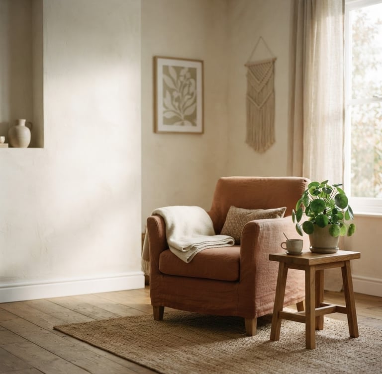 Quiet, sunlit treatment room with soft natural light, a comfortable armchair, and a small plant, seen from a medium-wide environmental perspective, with generous negative space to the left. Earthy muted tones.