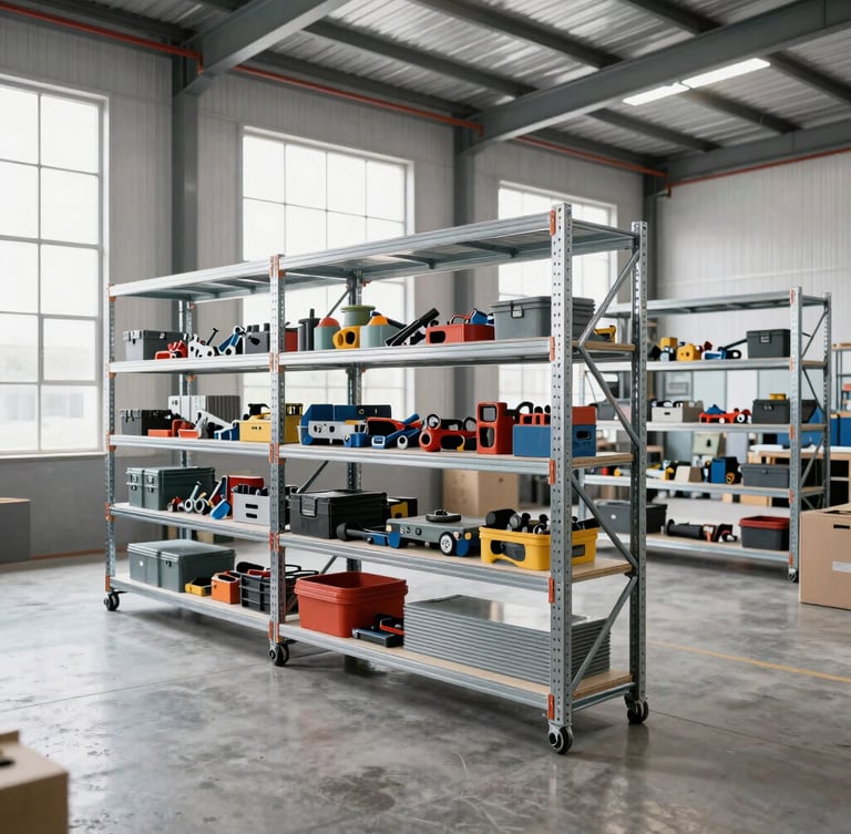 Wide shot of a modern industrial warehouse interior, heavy duty steel racks filled with tools and building materials, bright daylight coming from high windows, clean concrete floor