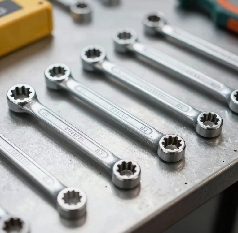 Primer plano de herramientas de medición y llaves inglesas sobre mesa de trabajo metálica, iluminación brillante de taller, enfoque nítido de nivel industrial.