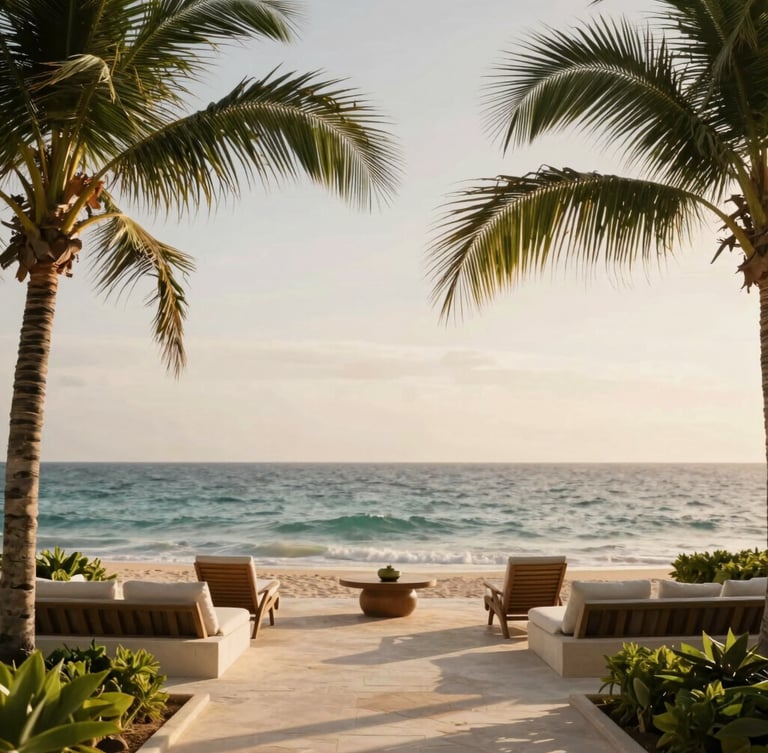 Cinematic architectural shot of an exclusive oceanfront villa venue in Riviera Maya, warm coastal haze, palms framing the view.