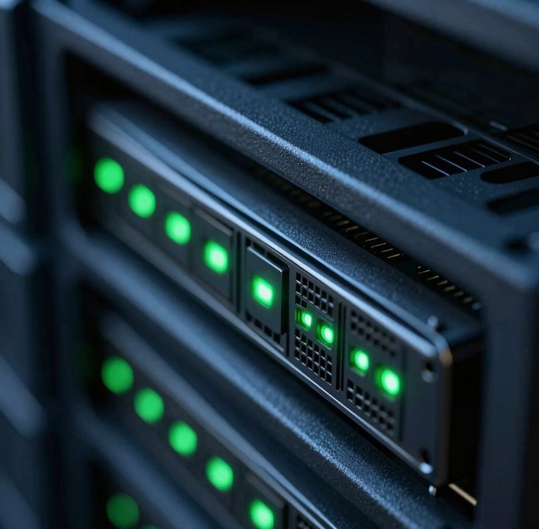 Extreme close-up macro shot of a sleek server rack node, glowing cybernetic green indicator lights, dark low-key technical environment, ultra-sharp details