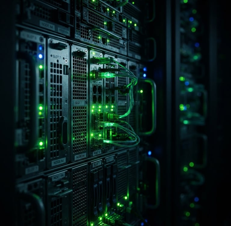 Extreme close-up of high-performance server racks in a dark data center, sharp cybernetic green indicator lights, low-key dramatic lighting, ultra-sharp macro details, octane render